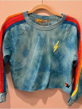 Aviator Nation Tie-Dye Blue Sweatshirt with Rainbow Shoulder Stripes size XL